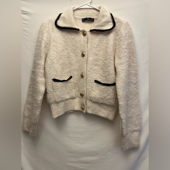 MANGO Contrast trims Knitted Fabric Polo Neck Long Sleeve Front Pocket Cardigan - Picture 9 of 14